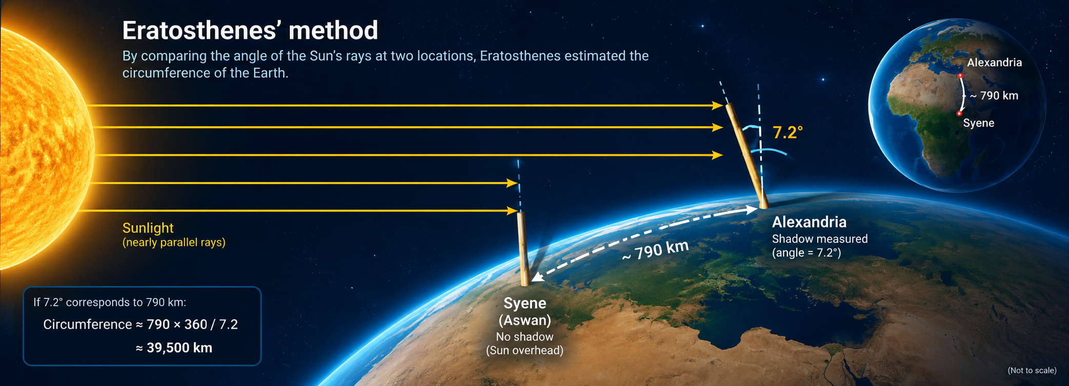 Diagram illustrating Eratosthenes' measurement between Aswan and Alexandria